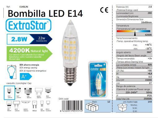 LÂMPADA LED DE TORRE 360o 2.8W E14 68X18mm 4200k LED 2.8W