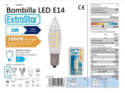LÂMPADA LED DE TORRE 360o 2.8W E14 68X18mm 3000k LED 3W