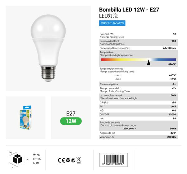 LÂMPADA BOLA LED A60 12WE27 42006 LUZ NATURA CJ96 LED 12W