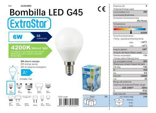 LÂMPADA BOLA LED G45 6w E14 4200K LUZ NATURAL CAJA144 LED 6W