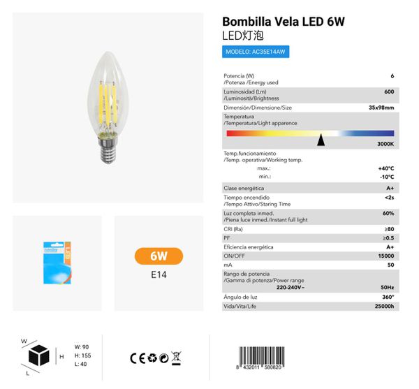 LÂMPDA DE LED VELA E14 6W 3000K LUZ QUENTE CJ144 LED 6W