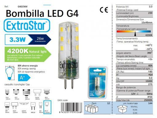 LÂMPADA LED JD5.MR16 12V 3.3W 360o SILICOMA LUZ NATU LED G4 3.3W