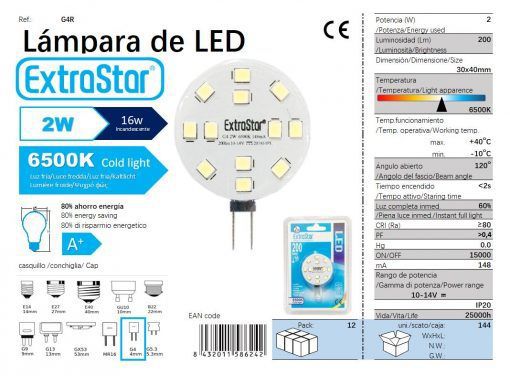 LÂMPADA LED G4 10-14V 2W 120o REDONDO 6500K LUZ D LED G4 2W