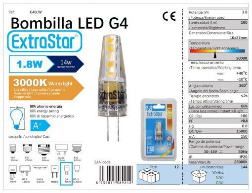 LÂMPADA LED G4 12V 1.8w 360o 3000k LUZ QUENTE LED G4 1.8W