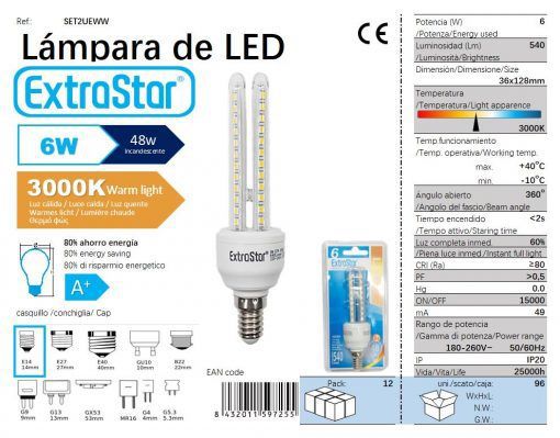 LÂMPADA LED 2U E14 6W 3000K CJ96 6W