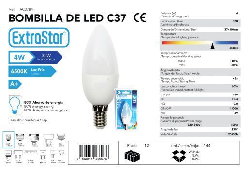 LÂMPADA LED VELA 4W E14 6500K LUZ FRIA CJ144 LED 4W