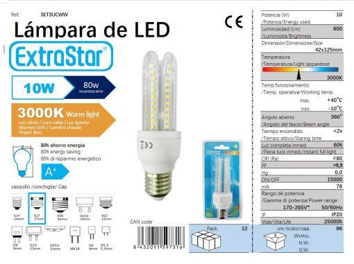 LÂMPADA LED 3U E27 10W 3000K CJ96 10W