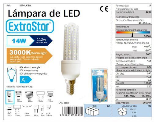 LÂMPADA LED 4U E14 14W 3000K LUZ QUENTE CJ96 14W