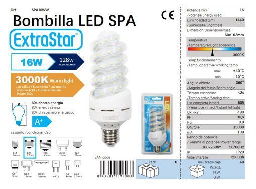 LÂMPADA LED ESPIRAL E27 16W 3000K CJ48 LED 16W