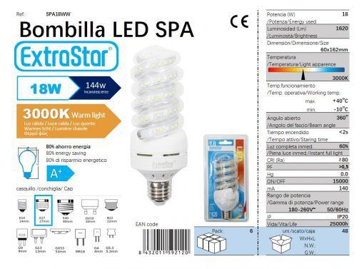 LÂMPADA LED ESPIRAL E27 18W 3000K CJ48 LED 18W