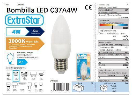 LÂMPADA LED VELA 4W E27 280LM 3000K LUZ QUENTE LED 4W