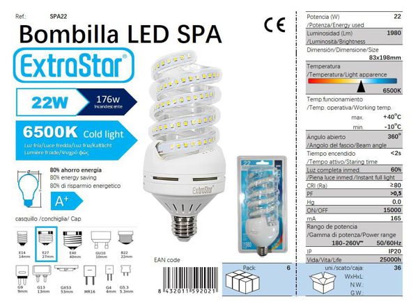 LÂMPADA LED ESPILAR E2722W 6500K CJ36 LED 22W