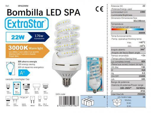 LÂMPADA LED ESPIRAL E27 22W 3000K CJ36 LED 22W