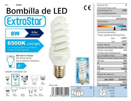 LÂMPADA LEDESPIRAL TRANSLUCIDO E27 8W 6400K CJ96 LED 8W