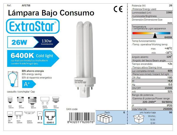 LÂMPADA PLC EXTRASTAR 2U2PIN 26W 6400K CJ96 2U 26W