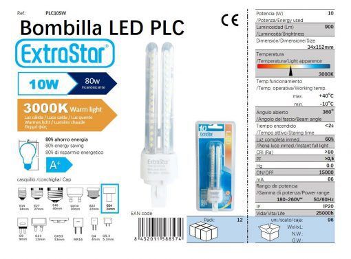 LÂMPADA PLC SMD 10W 2U 34X152MM 3000K LUZ QUENTE PLC G24 10W