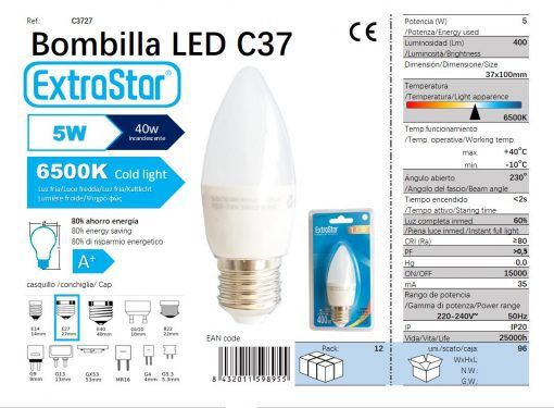 LÂMPADA LED VELA E27 5W 400LM LUZ DIA CJ96 LED 5W