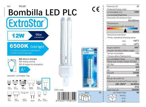 LÂMPADA PLC SMD 12W 2U 34X162MM 6400K LUZ DIA PLC G24 12W