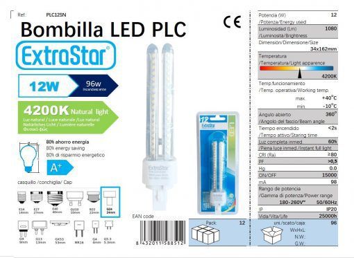 LÂMPADA PLC SMD 12W 2U 34X162MM 4200K LUZ NATURAL PLC G24 12W