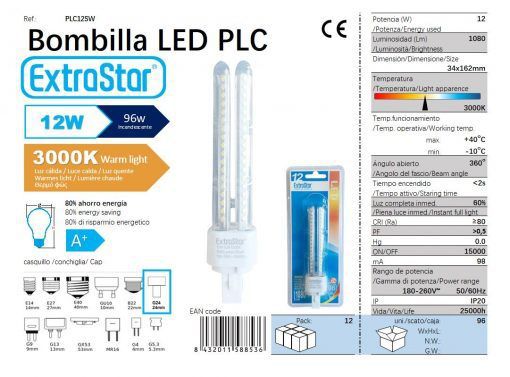 LÂMPADA PLC SMD 12W 2U 34X162MM 3000K LUZ QUENTE PLC G24 12W