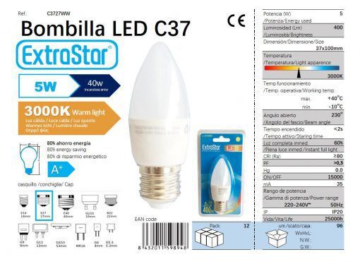 LÂMPADA LED VELA E27 5W 400LM LUZ QUENTE LED 5W