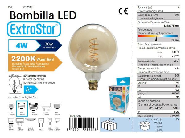 LÂMPADA BOLA LED ESPIRAL 125MM E274W 2200K CJ24 LED 4W