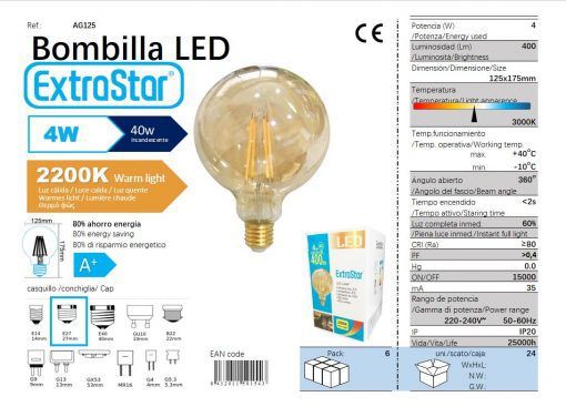 LÂMPADA BOLA LED ADORNO E27 4W 2200K CJ24 LED 4W