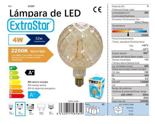 LÂMPADA BOLA W5 LED ADORNO E27 4W 2200K CJ20 LED 4W