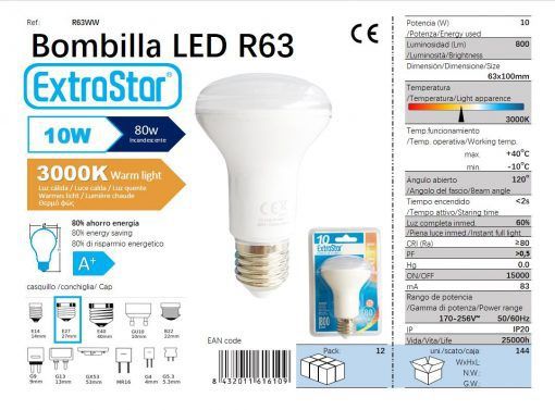 LÂMPADA REFLETIVO LED R63 10W E27 3000K CJ144 LED 10W