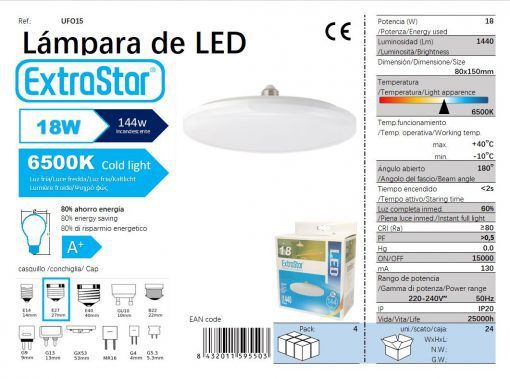 LÂMPDA LED UFO 18W E27 15CM 6500K CJ24 LED 18W