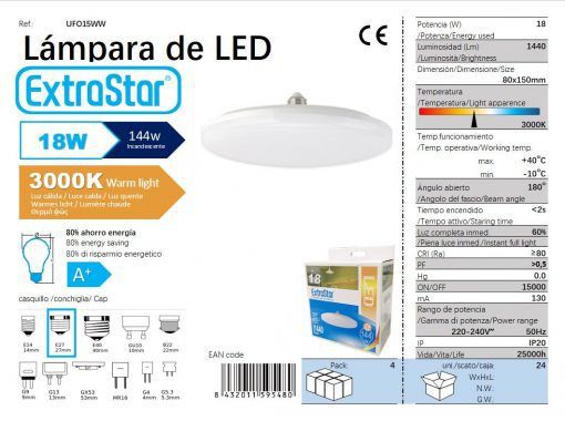 LÂMPDA LED UFO 18W E27 15CM 3000K LUZ QUENTE LED 18W