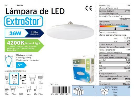 LÂMPDA LED UFO 36W E27 25CM 4200K CJ12 LED 36W