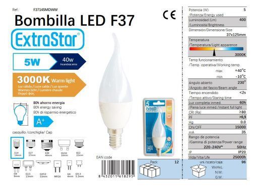 LÂMPADA VELA FANTASIA LED E14 5w 3300k LED 5W