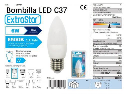 LÂMPADA LED VELA 6W E27 6500K LUZ DIA CJ120 LED 6W