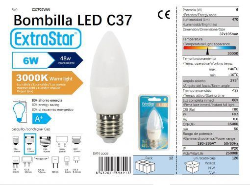 LÂMPADA LED VELA 6W E27 3300K LUZ QUENTE CJ120 LED 6W