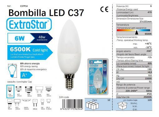 LÂMPADA LED VELA 6W E14 6500K LUZ DIA CJ120 LED 6W