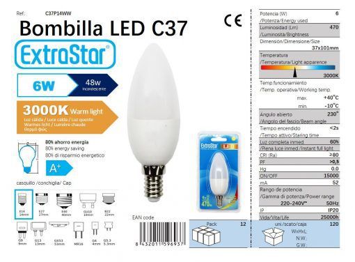 LÂMPADA LED VELA 6W E14 3300K LUZ QUENTE CJ120 LED 6W