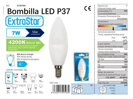 LÂMPADA LED VELA 7W E14 4200K LUZ NATURAL CJ120 LED 7W