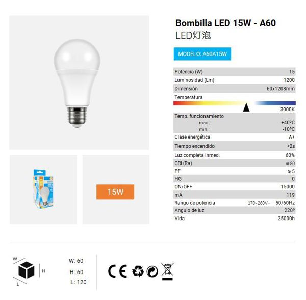 LÂMPADA LED A60 15W 3000K LUZ QUENTE CJ96 LED 15W