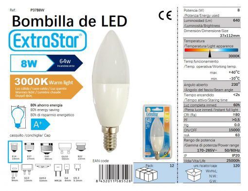 LÂMPADA LED VELA 8W E14 3000K LUZ QUENTE CJ120 LED 8W