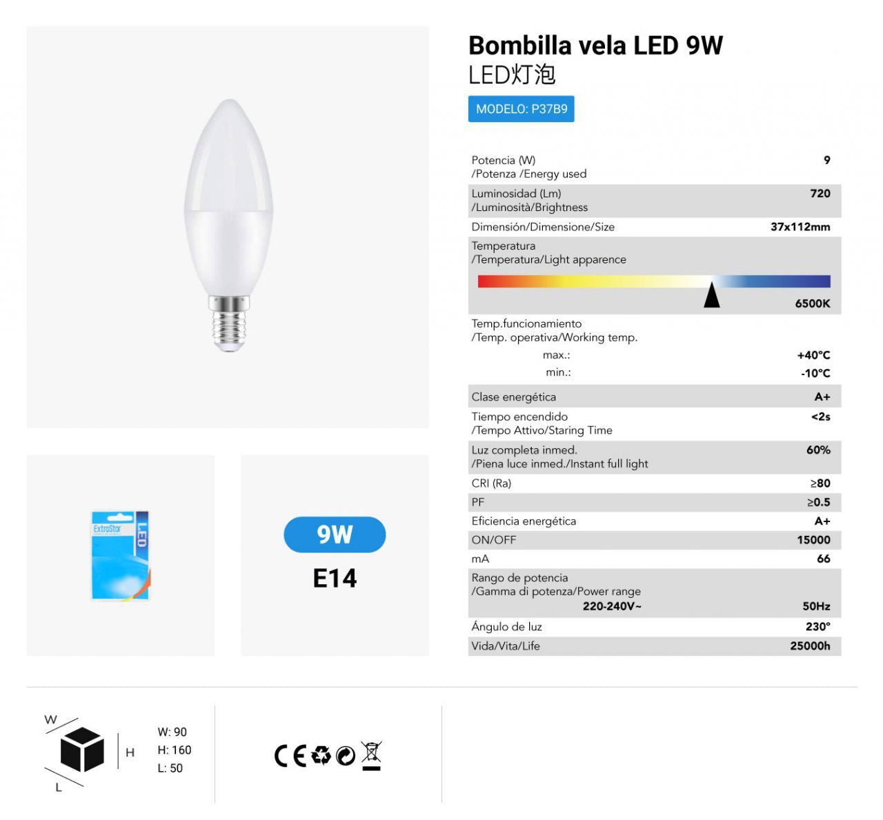 LÂMPADA LED VELA 9WE14 6500K LUZ FRIA CJ120 LED 9W