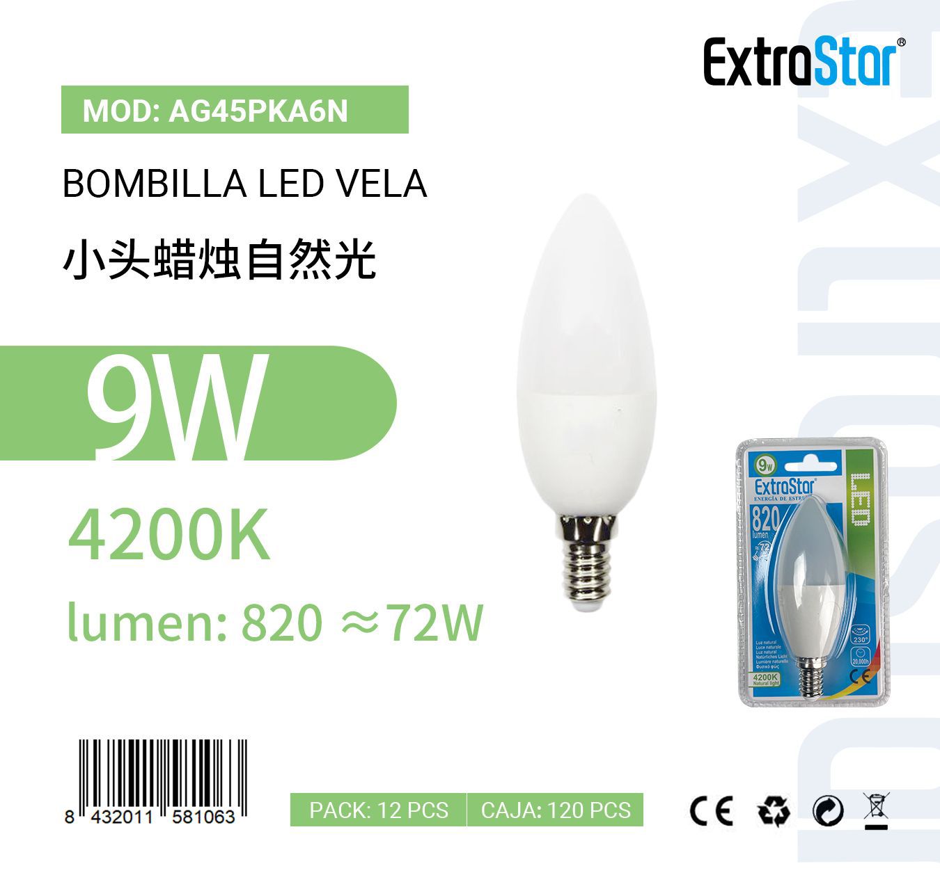 LÂMPADA LED VELA 9WE14 4200K LUZ NATURAL CJ120 LED 9W