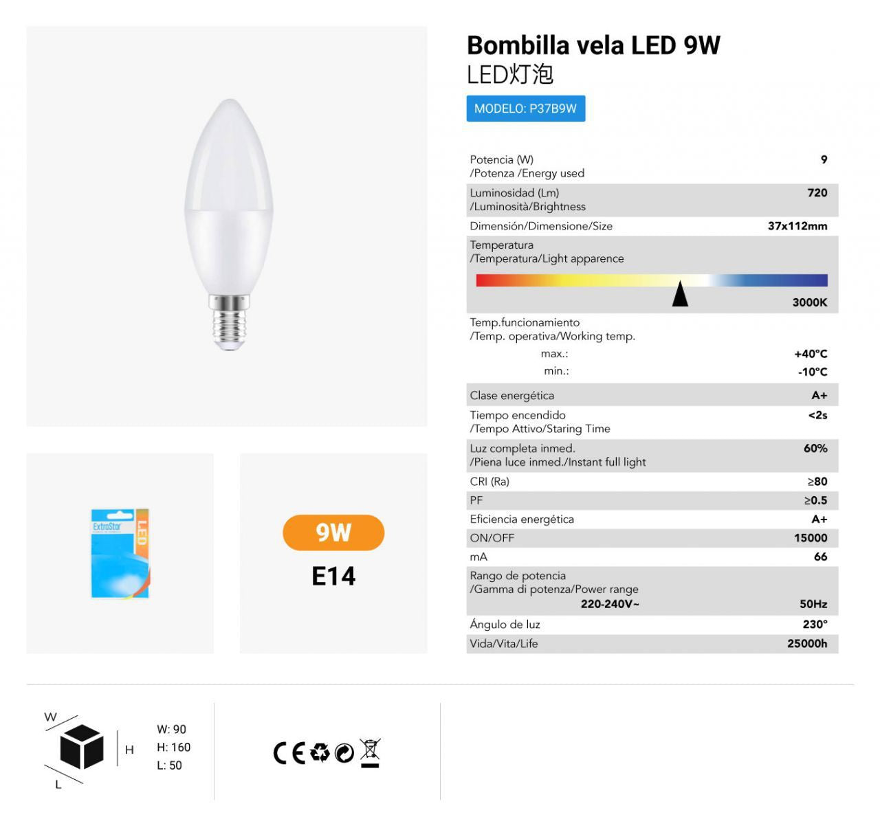 LÂMPADA LED VELA 9WE14 3000K LUZ QUENTE CJ120 LED 9W