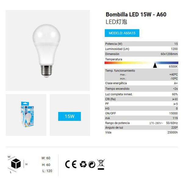 LÂMPADA LED A60 15W 6500K LUZ DIA CJ96 LED 15W