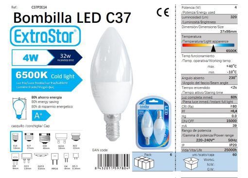 LÂMPADA VELA LED SET 2X4W E14 6500K LUZ DIA LED 4W