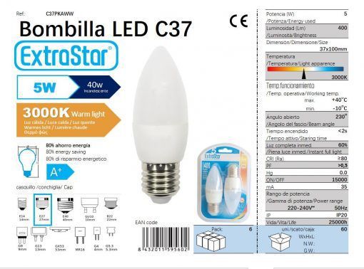 LÂMPADA VELA LED SET 2X5W E27 3000K LUZ QUENTE LED 5W