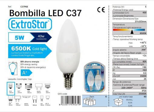 LÂMPADA VELA LED SET 2X5W E14 6500K LUZ DIA LED 5W
