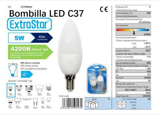 LÂMPADA VELA LED SET 2X5W E14 4200K LUZ NATURAL LED 5W