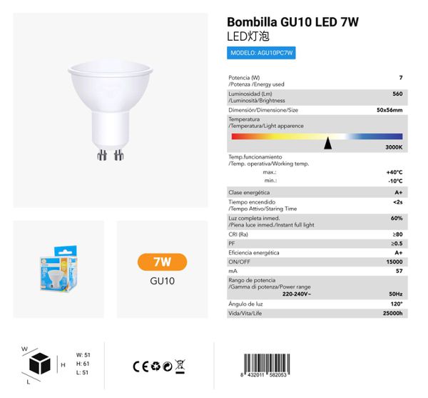 LÂMPDA DE LED GU10 7W 3000K LUZ QUENTED CAJA CJ144 LED GU10 7W