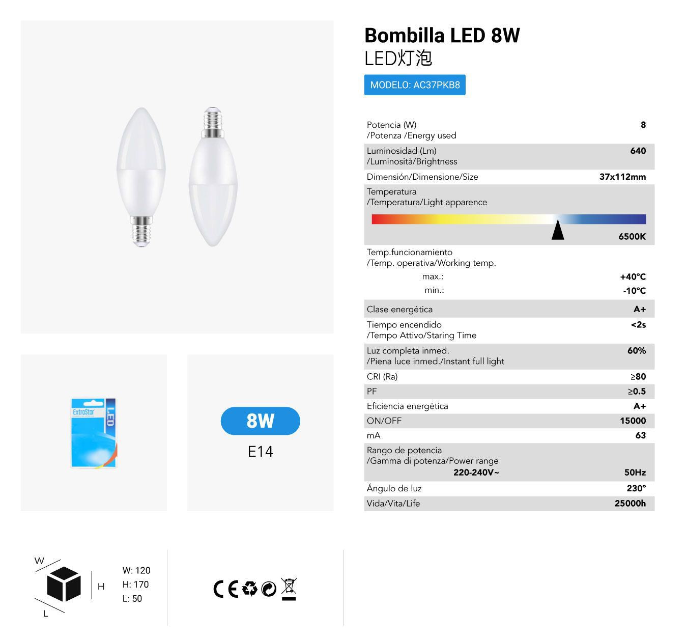 LÂMPADA VELA LED SET2X8W E14 6500K LUZ FRIA LED 8W 2